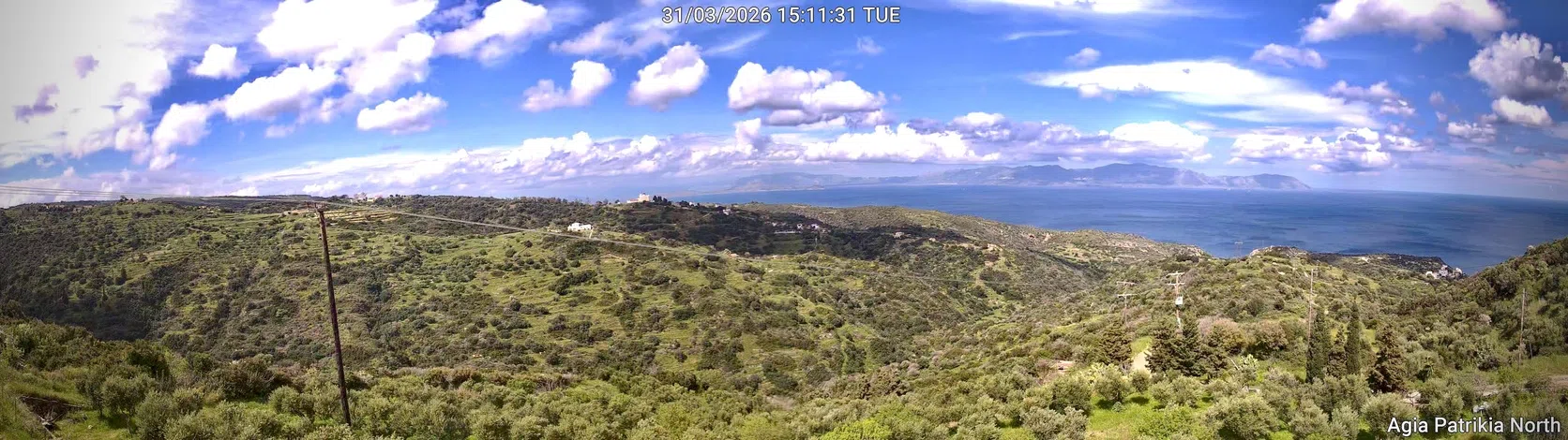 Panoramic camera view north across green hills at Agia Patrikia