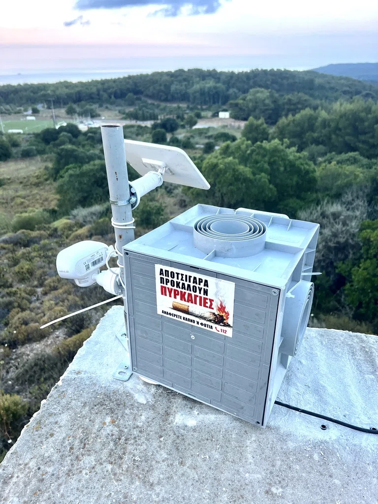 Camera communications equipment overlooking the wooded landscape of Kythera