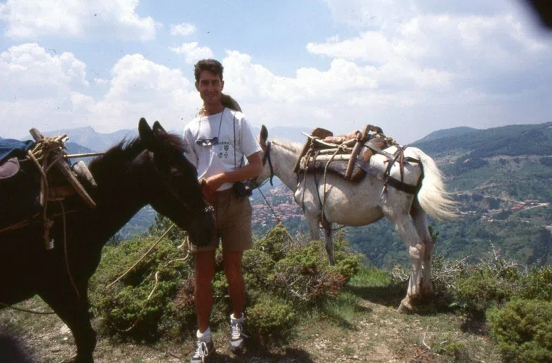 A trekker and pack animals in the mountains
